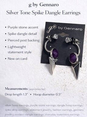 g by Gennaro Hoop Earrings Purple Stone Silver Tone Dangle NWT